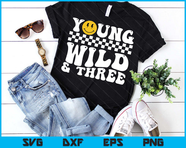 Young Wild And Three Retro Groovy 3 Years Old Kid Boy SVG PNG Digital Printable Files