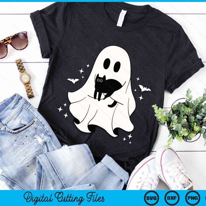 Сute Ghost Holding Black Cat Halloween Friendship Theme SVG PNG Digital Cutting Files