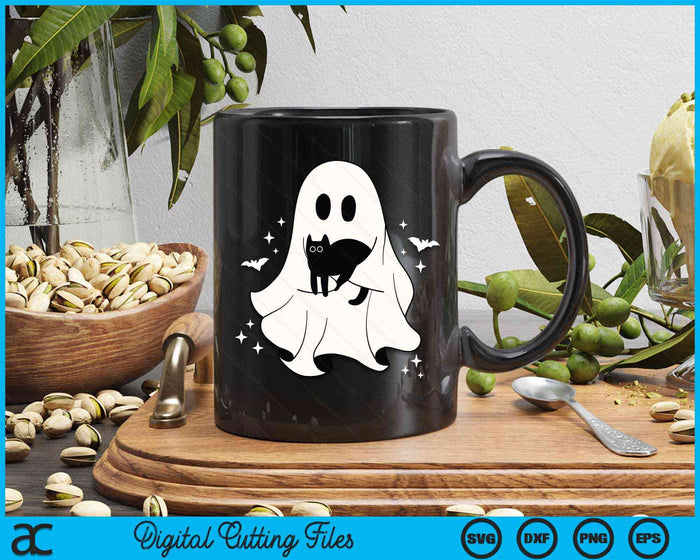 Сute Ghost Holding Black Cat Halloween Friendship Theme SVG PNG Digital Cutting Files