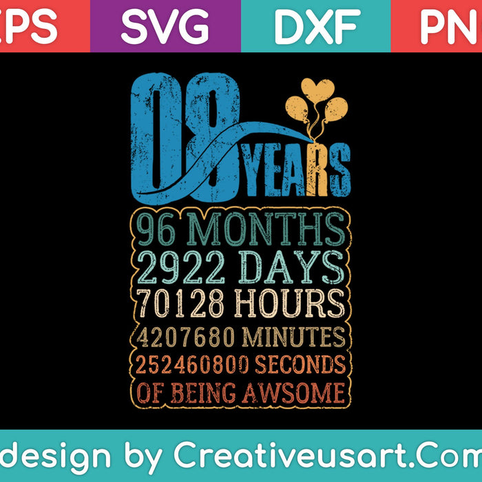 Diseño de camiseta del octavo cumpleaños SVG, PNG cortando archivos imprimibles