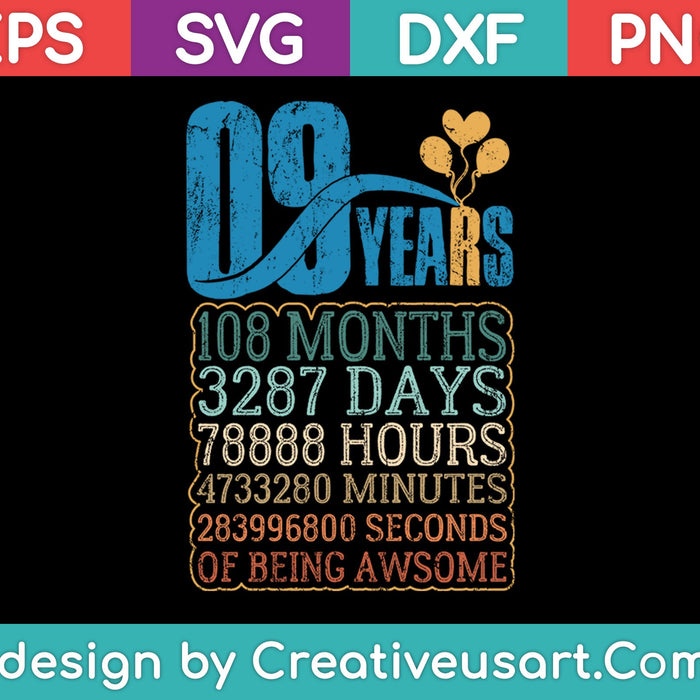 Diseño de camiseta del noveno cumpleaños SVG, PNG cortando archivos imprimibles