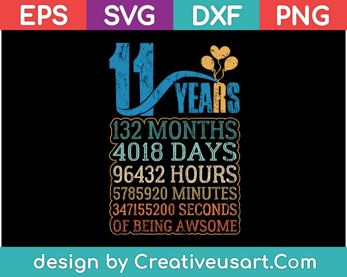 Diseño de camiseta del 11.º cumpleaños SVG, PNG cortando archivos imprimibles