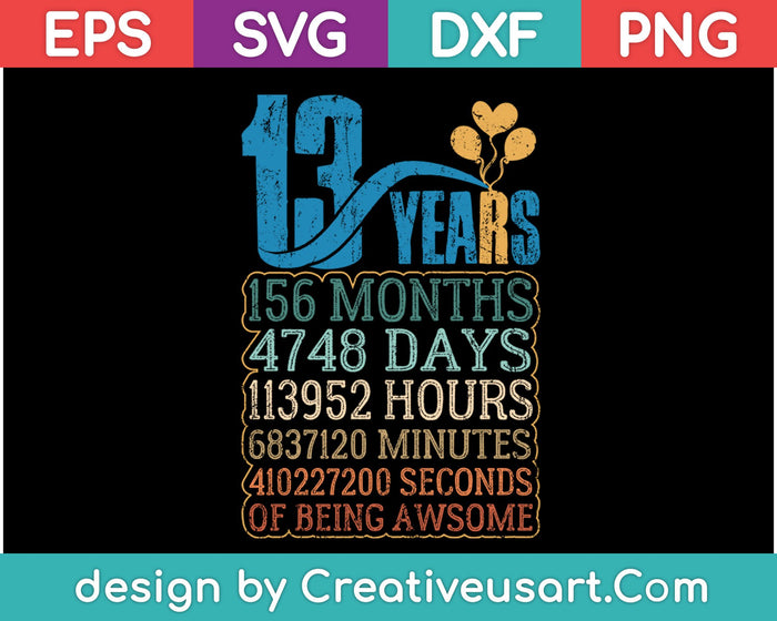 Diseño de camiseta de 13 cumpleaños SVG, PNG cortando archivos imprimibles