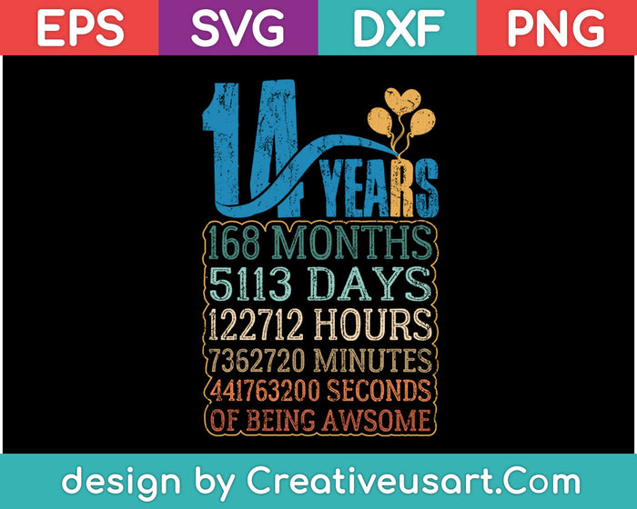 Diseño de camiseta de 14 cumpleaños SVG, PNG cortando archivos imprimibles