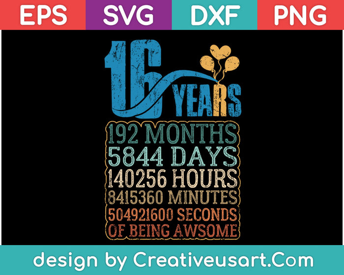 Diseño de camiseta de 16 cumpleaños SVG, PNG cortando archivos imprimibles