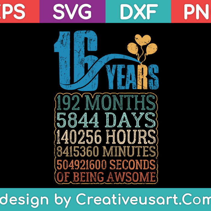 Diseño de camiseta de 16 cumpleaños SVG, PNG cortando archivos imprimibles