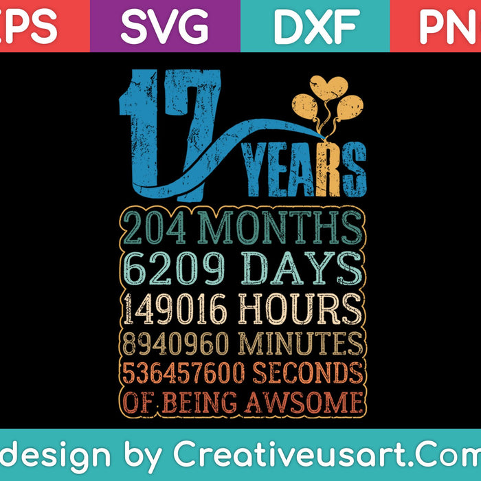 Diseño de camiseta de 17 cumpleaños SVG, PNG cortando archivos imprimibles