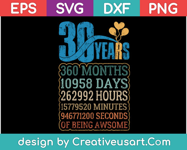 Diseño de camiseta del 30 cumpleaños SVG, PNG cortando archivos imprimibles