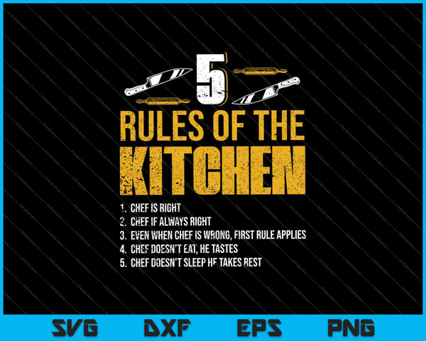 5 regels van de keuken grappige chef-kok regels SVG PNG snijden afdrukbare bestanden