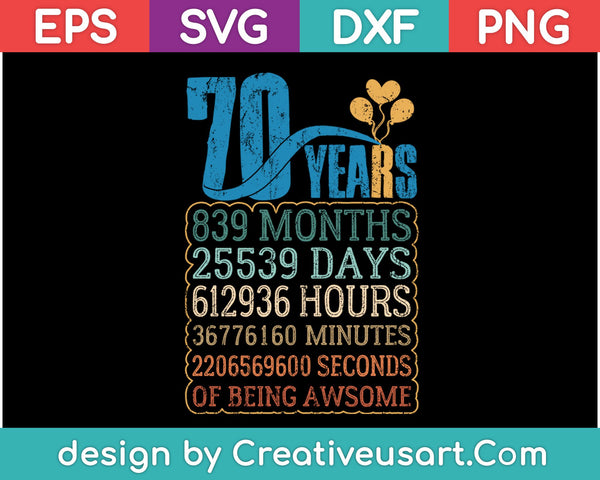 Diseño de camiseta de 70 cumpleaños SVG, PNG cortando archivos imprimibles