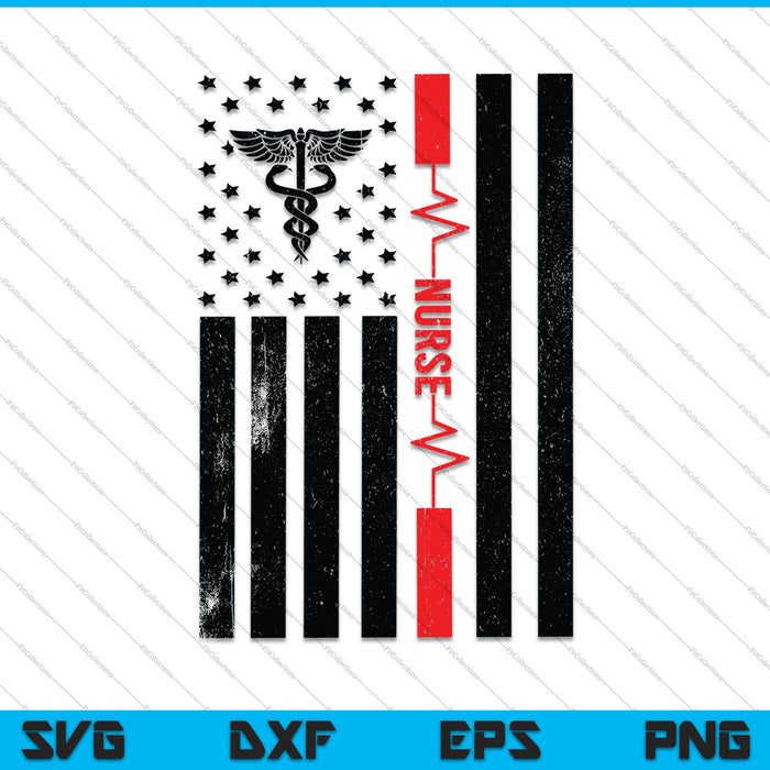 Bandera de Estados Unidos Enfermera Heartbeat Negro y Rojo SVG PNG Cortar archivos imprimibles