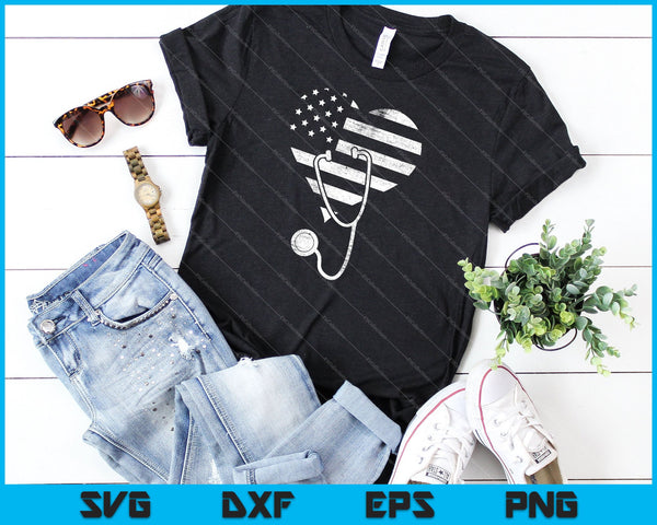 American Flag Heart with Police Thin Blue Line Nurse SVG PNG Cutting Printable Files - on a t-shirt