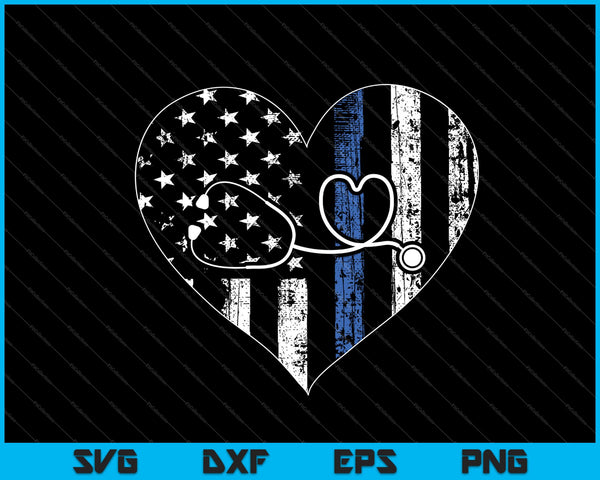 American Flag Heart with Police Thin Blue Line Nurse RN SVG PNG Cutting Printable Files