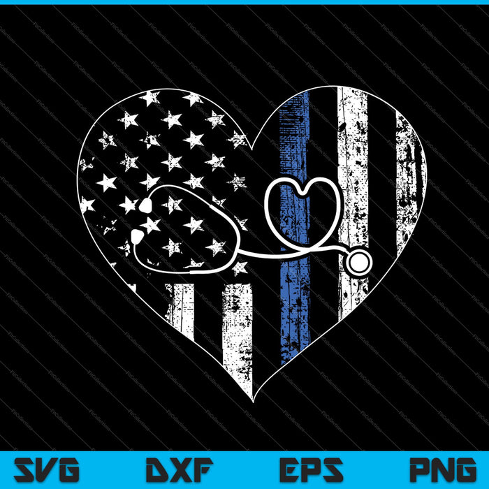 Corazón de bandera americana con policía delgada línea azul enfermera RN SVG PNG cortando archivos imprimibles