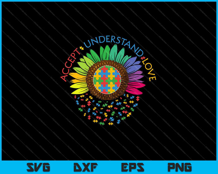 Autismo Aceptar Entender Amor ASD Rainbow Flower SVG PNG Cortar archivos imprimibles