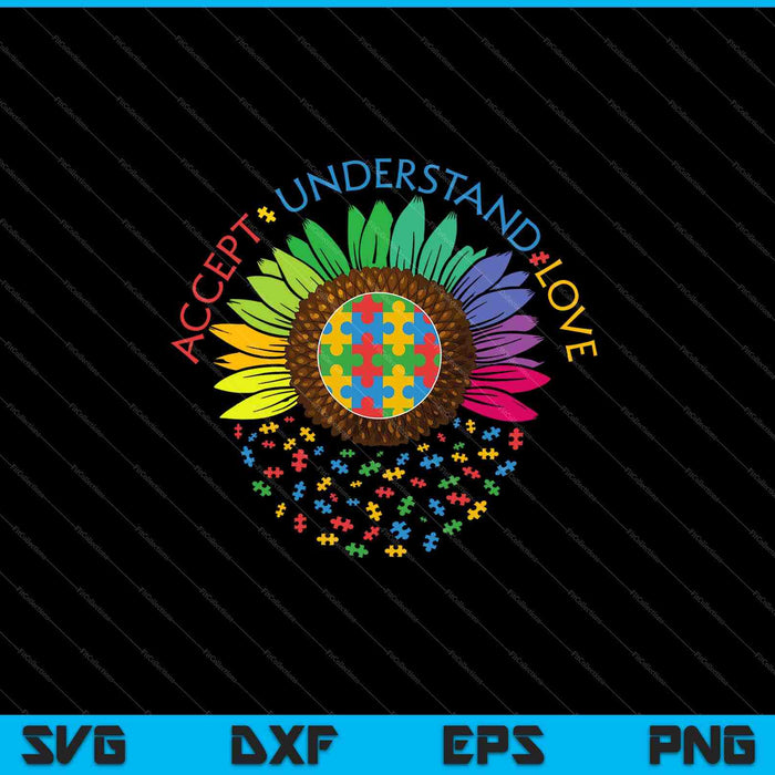 Autismo Aceptar Entender Amor ASD Rainbow Flower SVG PNG Cortar archivos imprimibles