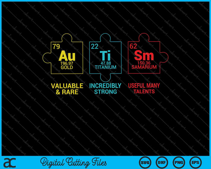 Elementos de concienciación sobre el autismo Tabla periódica ASD SVG PNG Cortar archivos imprimibles