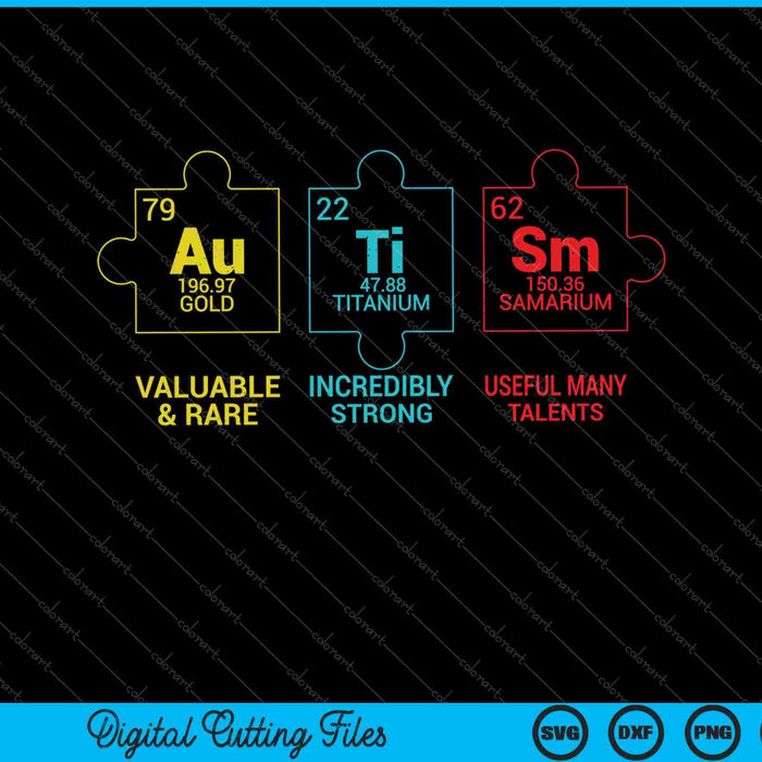 Elementos de concienciación sobre el autismo Tabla periódica ASD SVG PNG Cortar archivos imprimibles