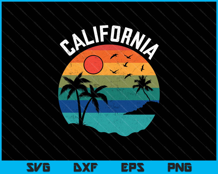 Californië zonsondergang en retro palmboom op de Stille Oceaan SVG PNG snijden afdrukbare bestanden