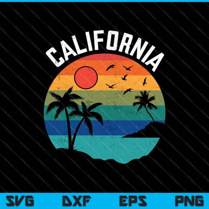 Puesta de sol de California y palmera retro en el Océano Pacífico SVG PNG cortando archivos imprimibles