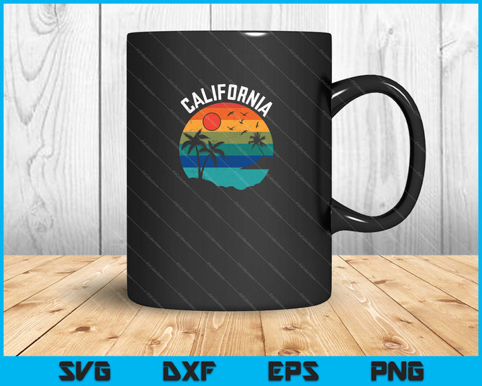 Puesta de sol de California y palmera retro en el Océano Pacífico SVG PNG cortando archivos imprimibles