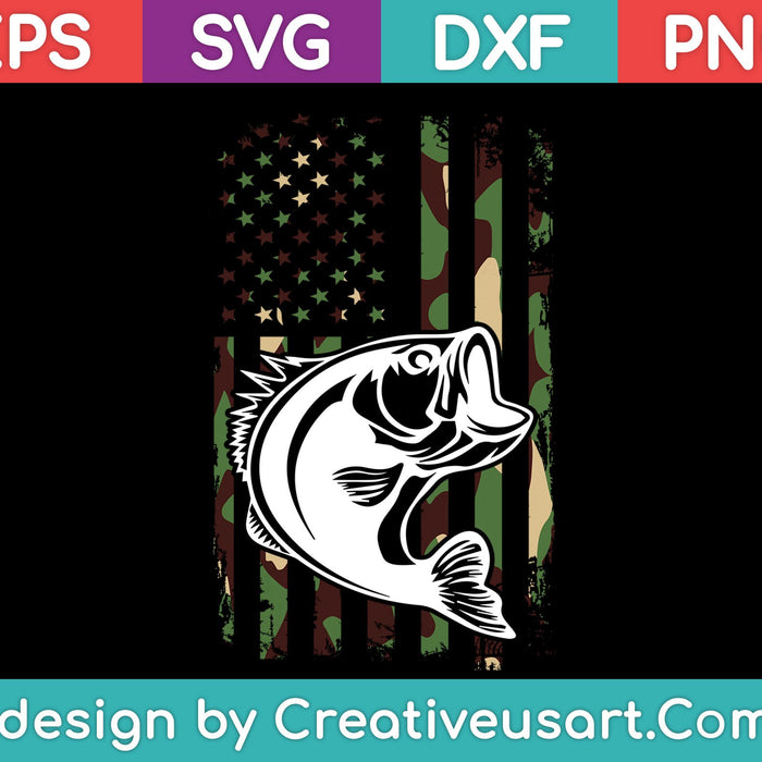 Camouflage American Flag Bass Fishing SVG PNG Cutting Printable Files