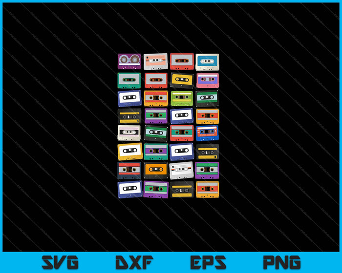 Cassettebanden Mixtapes jaren 1980 radiomuziek grafische SVG PNG snijden afdrukbare bestanden