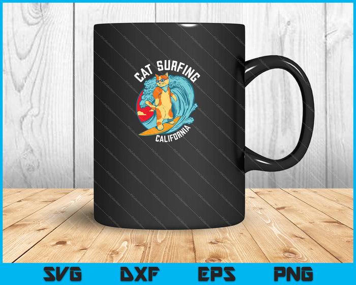 Gato surfeando en California SVG PNG cortando archivos imprimibles