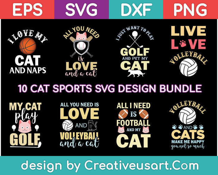 Paquete Cat Sports Svg: juego de 10 piezas. Para usar con una máquina Cricut o Silhouette Cameo.