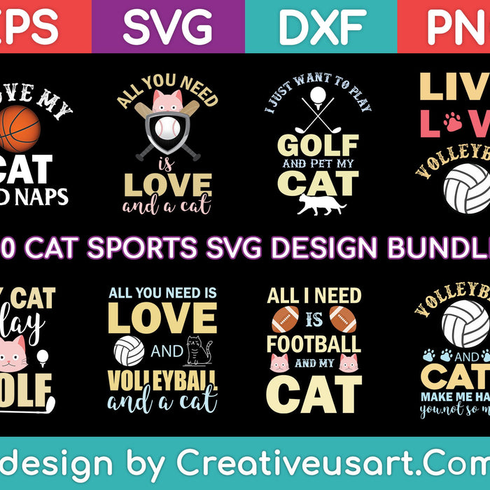 Cat Sports Svg Bundle- 10 piece set. For use with a Cricut or Silhouette Cameo machine.