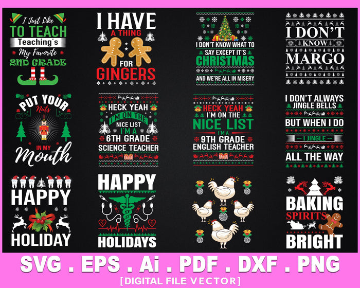 135 Diseño de camiseta navideña SVG PNG Cortando archivos de paquete imprimibles 