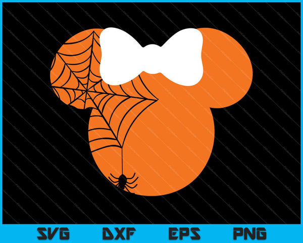 Schattige muis Halloween met boog en spinpompoen SVG PNG snijden afdrukbare bestanden