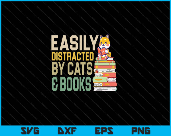 Grappig gemakkelijk afgeleid door katten en boeken SVG PNG snijden afdrukbare bestanden