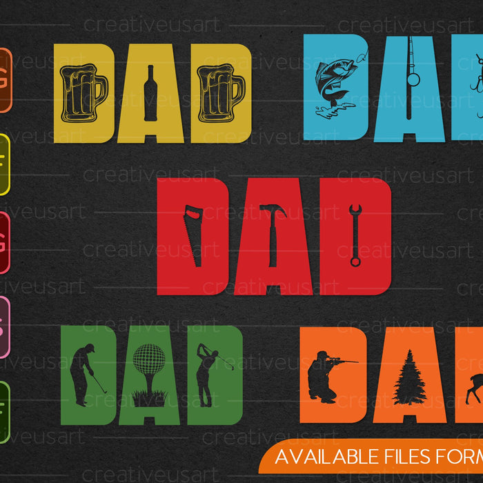 Fathers Day Bundle For Fishing, Hunting, Beer, Golfing, Tools Dad Svg Png Files for Cricut