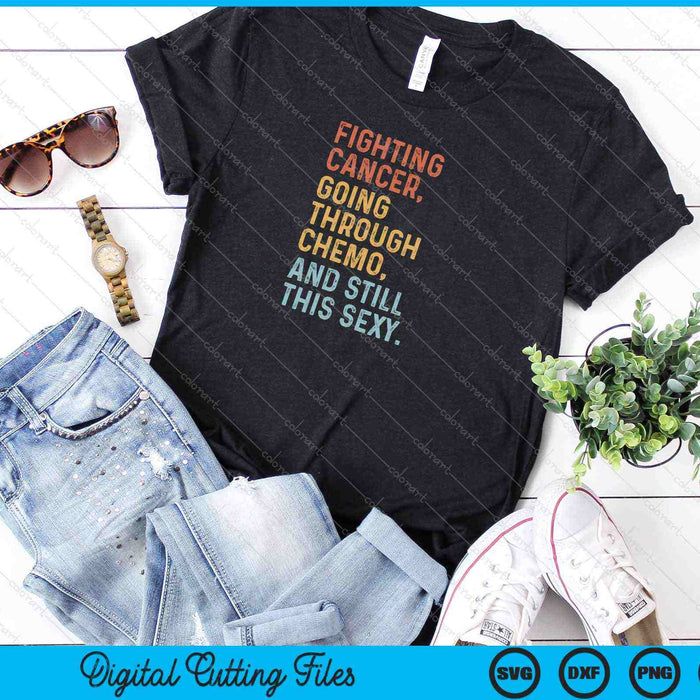 Black t-shirt printed with the still this sexy chemo design