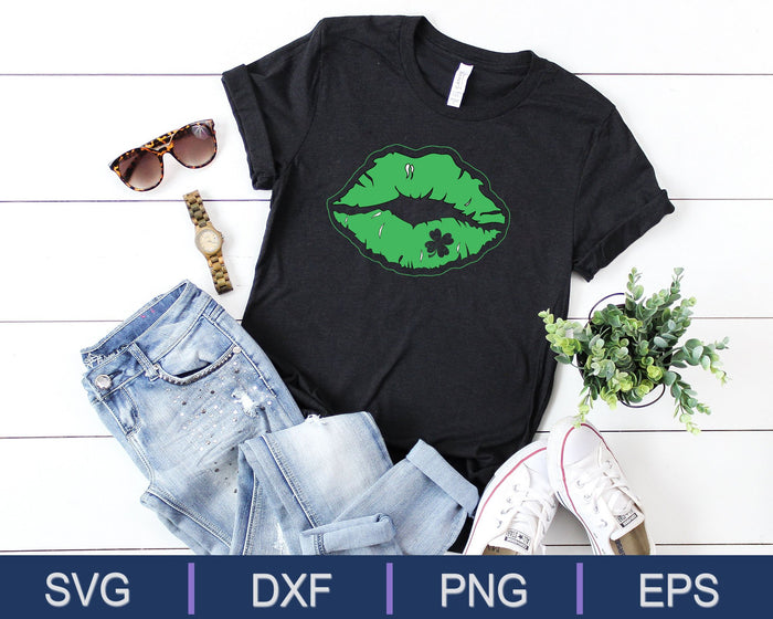 Green Lips Irish Kiss 4 Leaf Clover St Patricks Day SVG PNG Cutting Printable Files