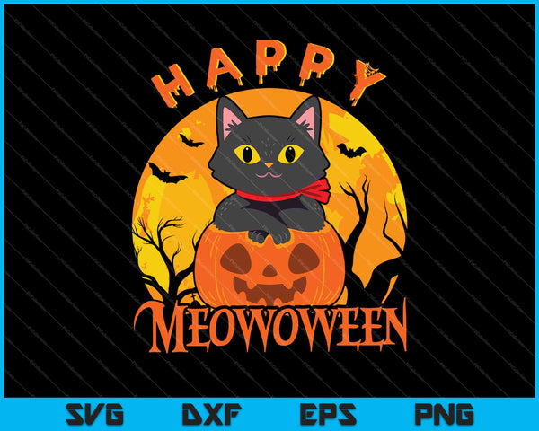 Happy Halloween Meowoween schattige zwarte kat partij kostuum cadeau SVG PNG snijden afdrukbare bestanden