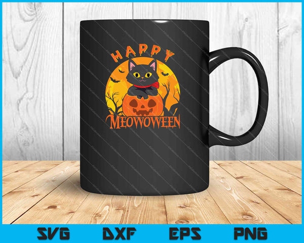 Happy Halloween Meowoween schattige zwarte kat partij kostuum cadeau SVG PNG snijden afdrukbare bestanden