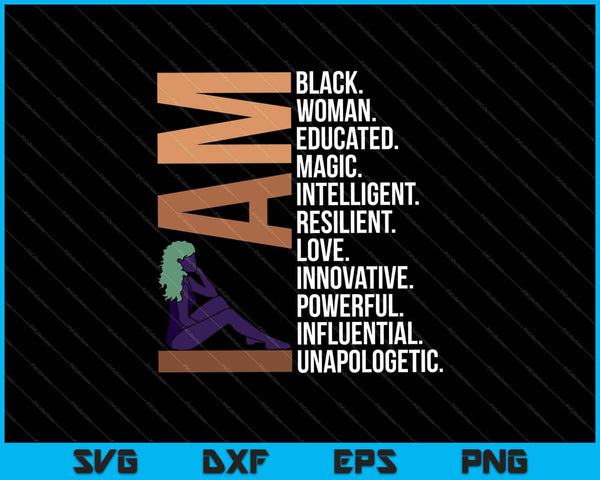 Ik ben een zwarte vrouw opgeleide melanine zwarte geschiedenis SVG PNG snijden afdrukbare bestanden