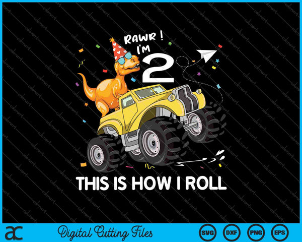 Niños T Rex Dinosaur Monster Truck 2do cumpleaños SVG PNG Cortar archivos imprimibles