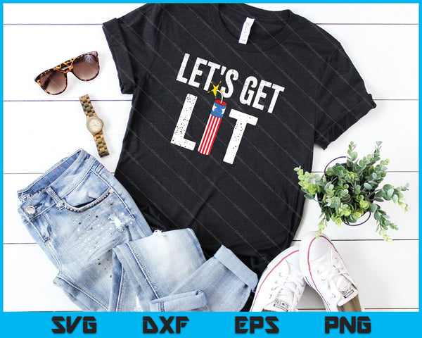 Let's Get Lit Fireworks USA Flag SVG PNG Cutting Printable Files - on a t-shirt
