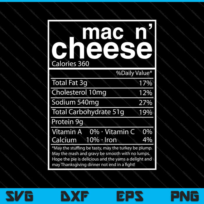 Información nutricional de macarrones con queso Traje de Acción de Gracias SVG PNG Cortar archivos imprimibles