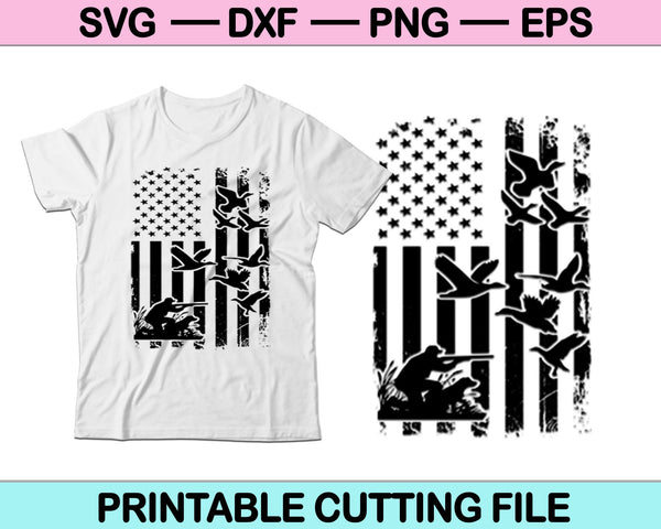 Hombres pato cazando bandera americana SVG PNG archivos de corte digital