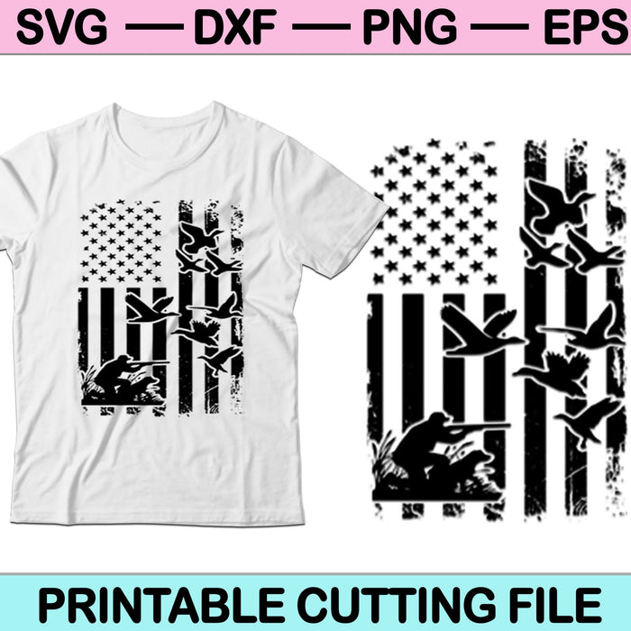 Hombres pato cazando bandera americana SVG PNG archivos de corte digital