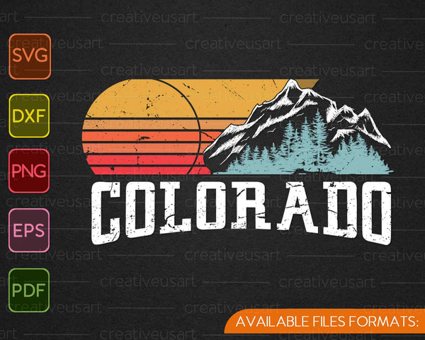 Estilo retro Colorado Vintage Montañas Rocosas &amp; Sol SVG PNG Cortar archivos imprimibles