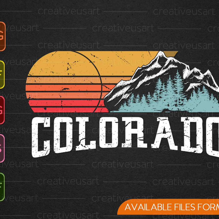 Estilo retro Colorado Vintage Montañas Rocosas & Sol SVG PNG Cortar archivos imprimibles