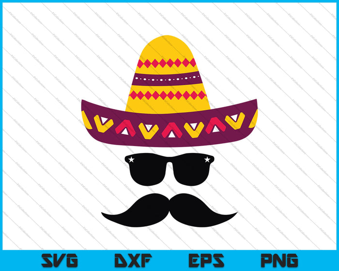 Sombrero Cara Bigote Gafas de Sol Cinco de Mayo SVG PNG Cortar Archivos Imprimibles