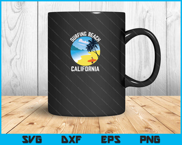 Surfing Beach California SVG PNG Cortar archivos imprimibles