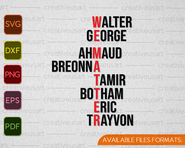 Walter George Ahmaud Breonna Tamir Botham Eric Trayvon SVG PNG Archivos imprimibles