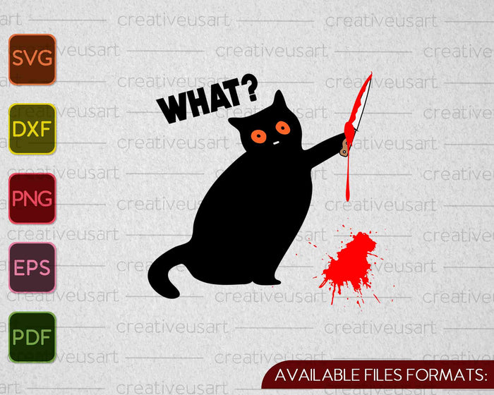Qué gato asesino sosteniendo un cuchillo divertido Halloween SVG PNG cortando archivos imprimibles